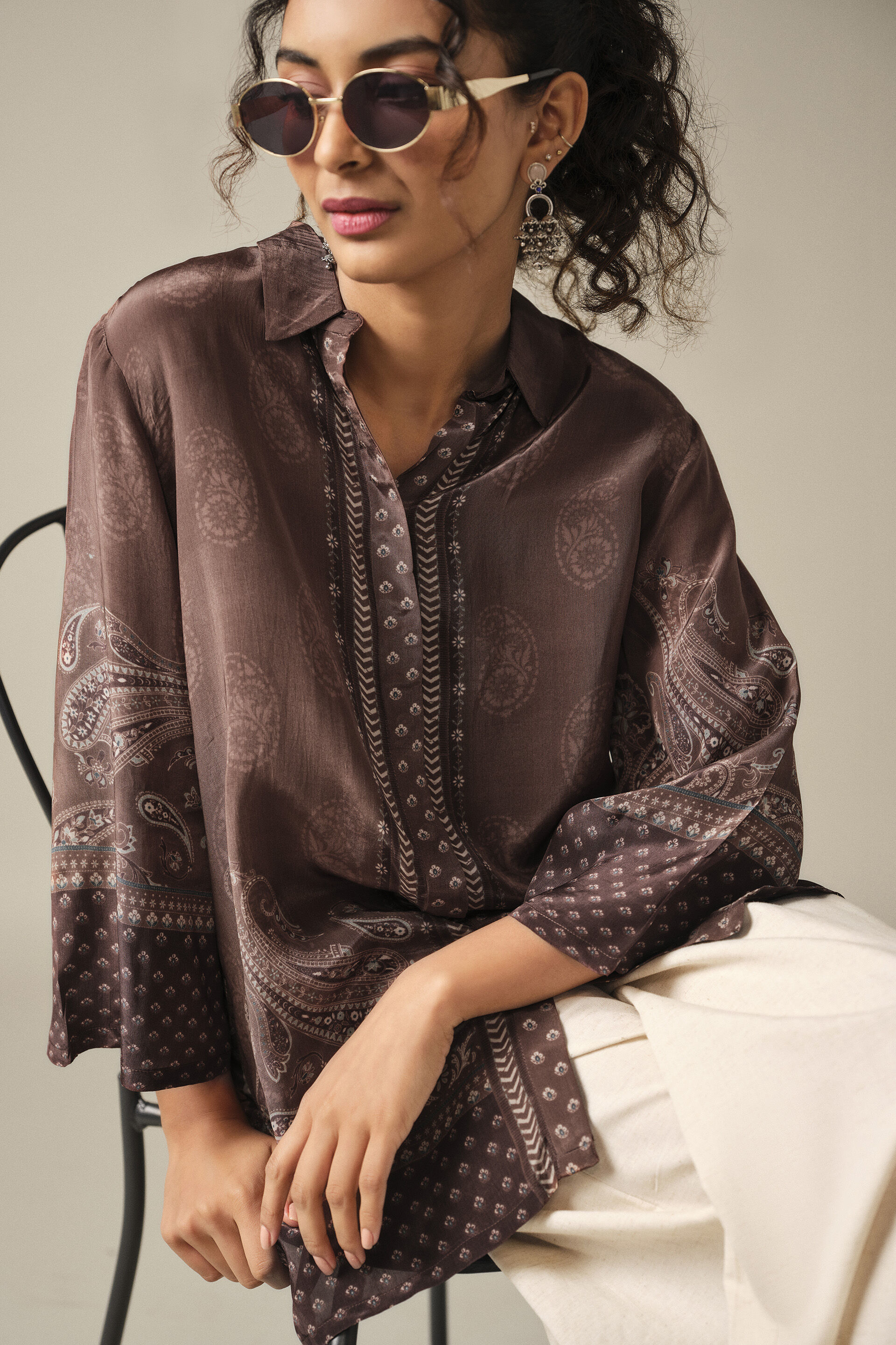 Paisley Printed Relaxed Shirt in Brown, Brown, image 2